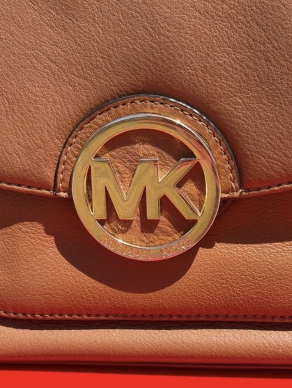 Michael Kors Tan Leather Crossbody with Gold MK Emblem - Picture 3 of 8